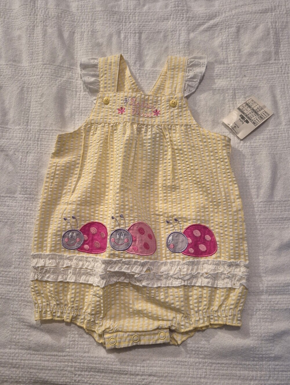 Okie Dokie baby 6-9 months seersucker yellow & white stripe ladybug design NWT